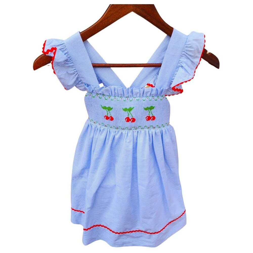 Marco & Lizzy Girl's seersucker Smoked Cherry Jumper Sundress, Size 6